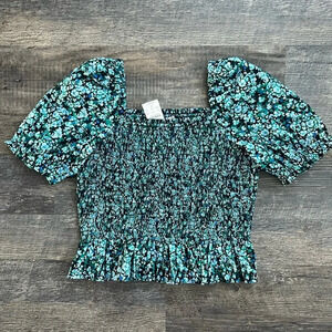 NWT J Crew Poplin Smocked Cotton Top Blue Floral Medium